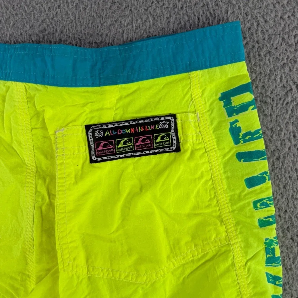 Quiksilver Board Shorts Mens 31 Neon Yellow Teal Vintage 90s Made in USA 1M25 WD
